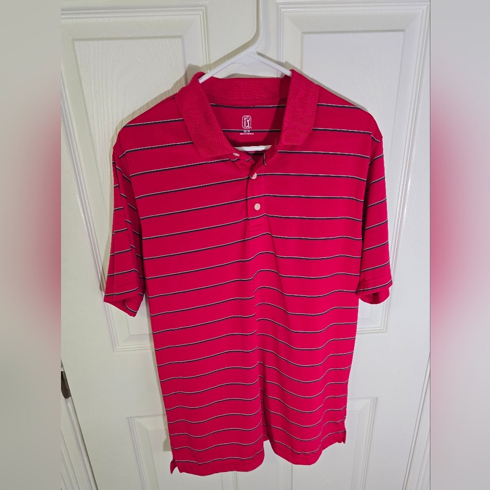 PGA Tour Red Striped Polo Collared Mens Top Medium
